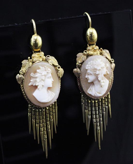 A pair of Victorian gold and cameo drop earrings, 2.25in.